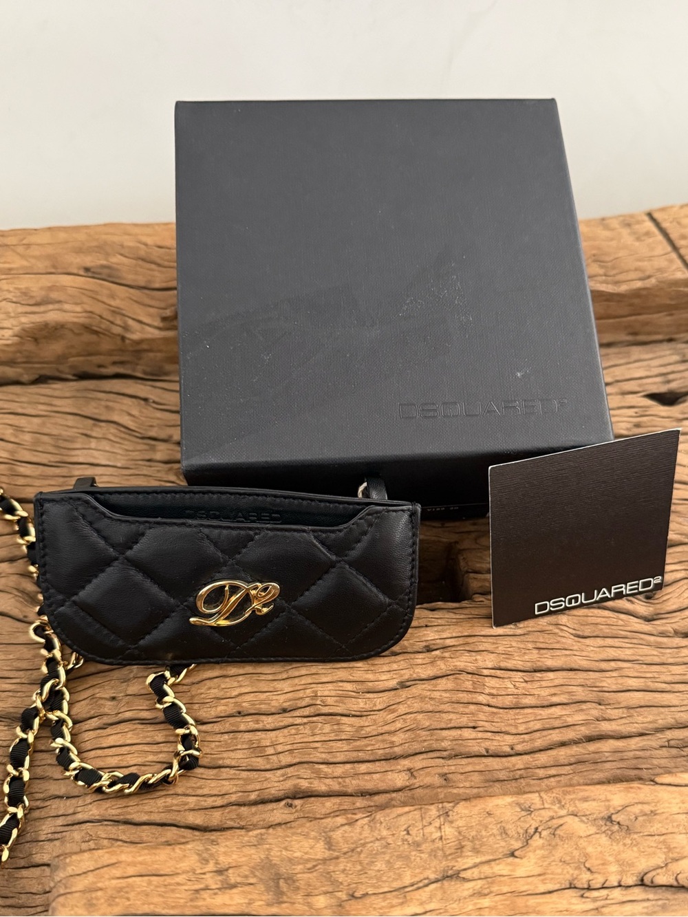 DSQUARED2 Black Quilted Mini Chain Cardholder with Gold Chain
